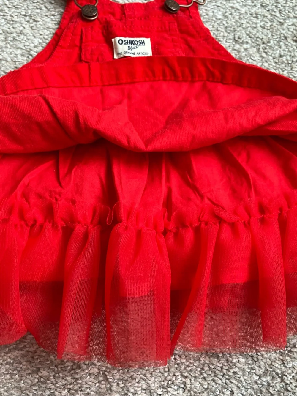 OshKosh B'gosh Bright Red Corduroy Overall Dress with Plaid Flower